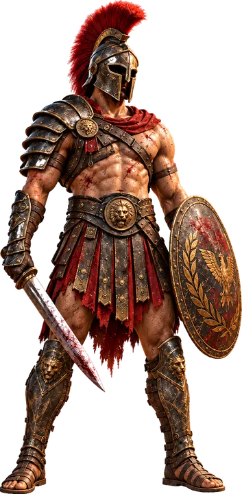 A Roman gladiator in a crested bronze helmet, holding a gladius and a round shield