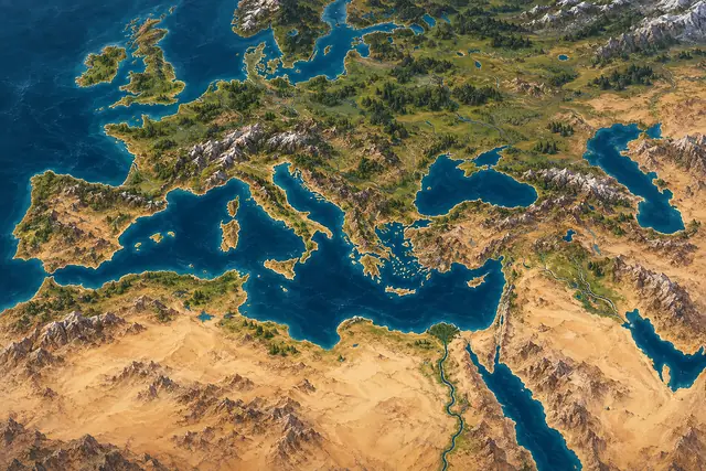 Painted overview map of the Empire divided into three lands and nine regions