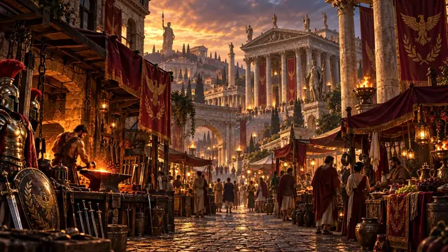 Rome's market and forge glowing at dusk